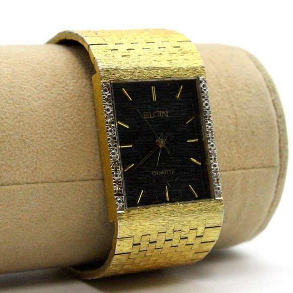 Vintage Elgin Watch Diamond Bezel Unisex Gold Tone Black Dial